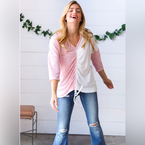 Haptics by Holly Harper Tops - PLUS BLUSH & IVORY RUCHED DETAIL DOLMAN SLEEVE SLUB TOP